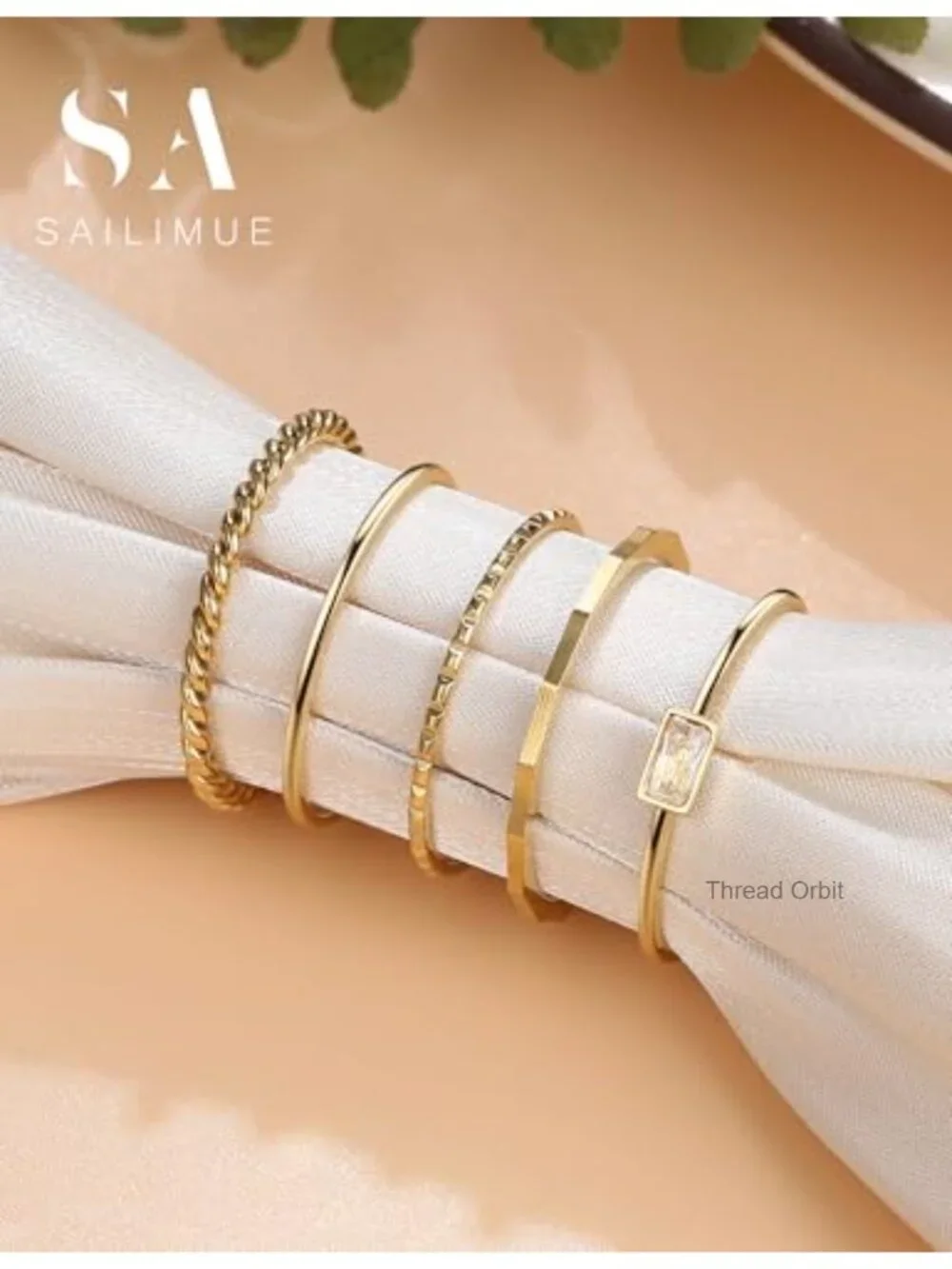 14K Gold Plated Stackable Rings Set - 5 Thin Band Rings - Waterproof Stainless